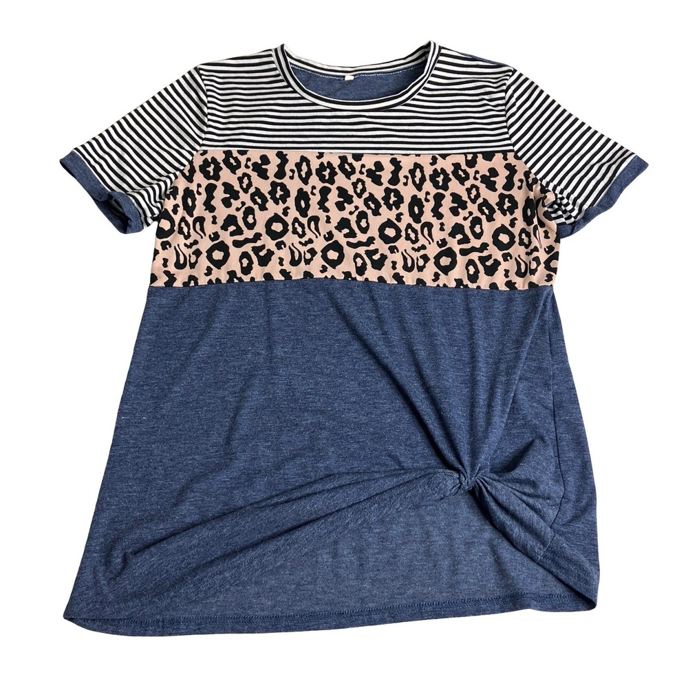 Leopard Stripe Colorblock‎ Tee Shirt Womens M Blue Short Sleeve Knot Hem Top